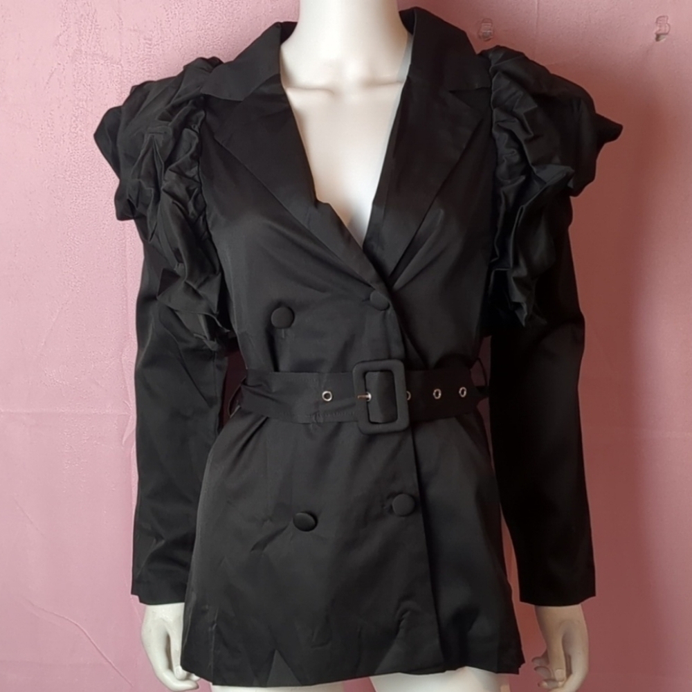 Nasty Gal SHK Paris Extreme Puff Sleeve Belted Retro Blazer in Black size Small
